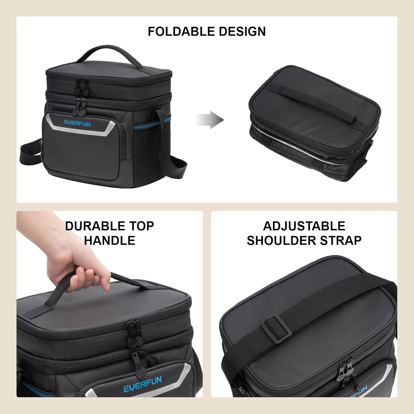 EVERFUN Cooler Bag Insulated Beach Cooler Lunch Bag Box for Men Women Dual Compartments Collapsible Waterproof Leak-Proof for Travel Work Picnic