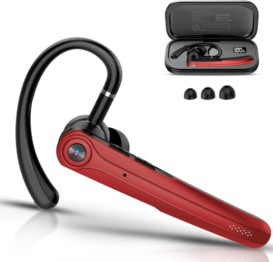Bluetooth Headset, Wireless Bluetooth Earpiece with ENC Noise Canceling Mic, 120Hrs Talk Single-Ear Headphones, LED Display, IP7 Waterproof Hand-Free Earphone for Business/Trucker/Driver, Red