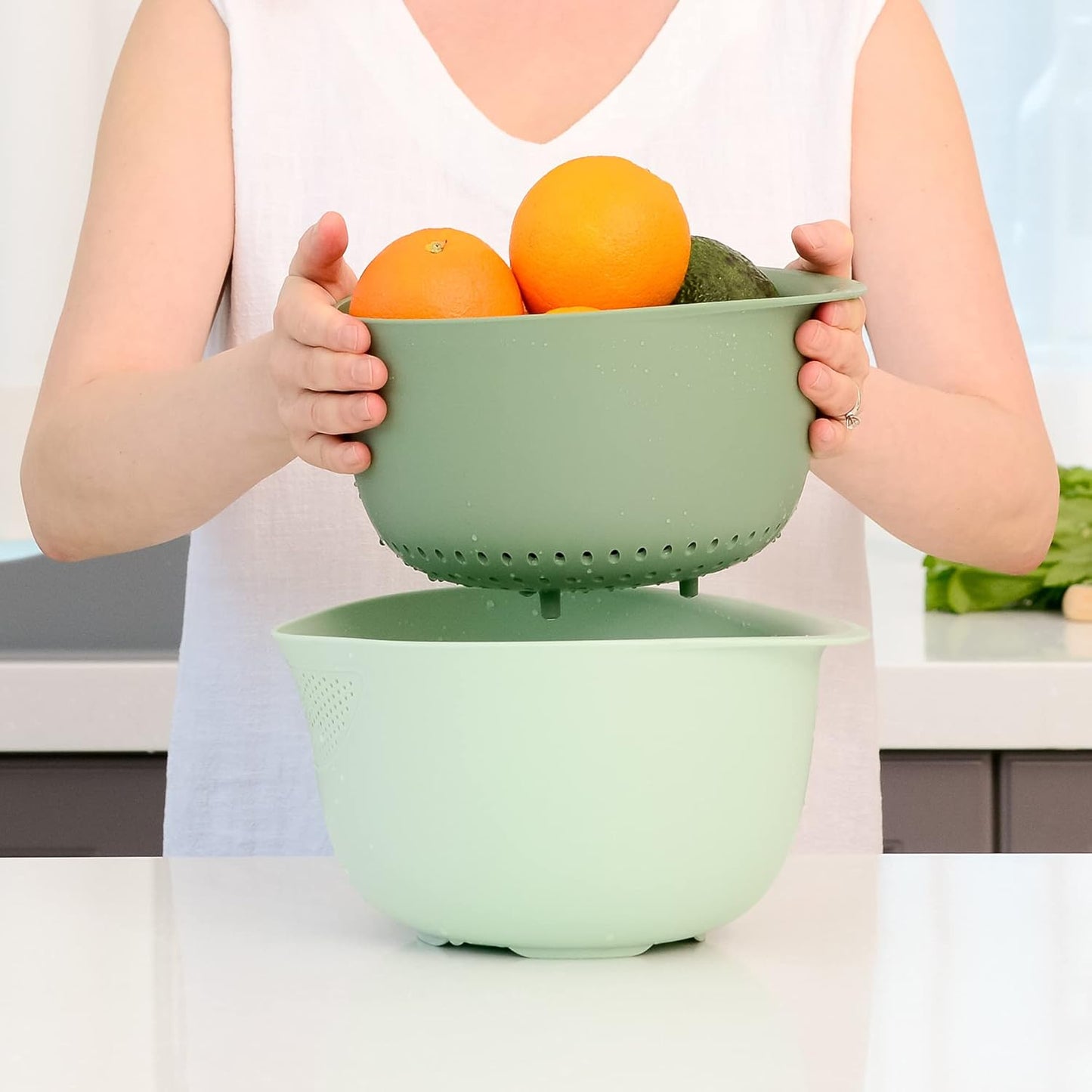 Blue Ginkgo Rice Washing Bowl and Colander Kitchen Set - Strain Rice, Quinoa and Small Grains - Soak, Wash and Drain Produce (4 Quart) - Cream and Limestone