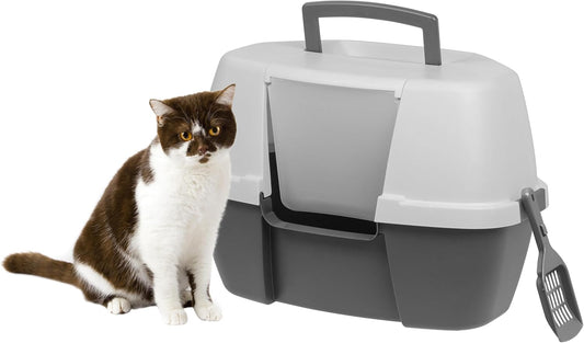 IRIS USA Cat Litter Box, Large Corner Litter Box Enclosure with Scoop, Litter Box with Lid, Handle and Buckles for Portability and Privacy, Gray