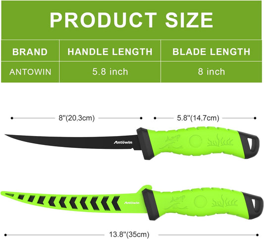 8 Inch Fishing Fillet Knife, Professional Level Knives for Filleting Fish and Boning Meat, Sharp Stainless-Steel Non-Stick Coating Blade, Non-Slip Handles, with 1 Two Stage Knife Sharpener - PuriLite