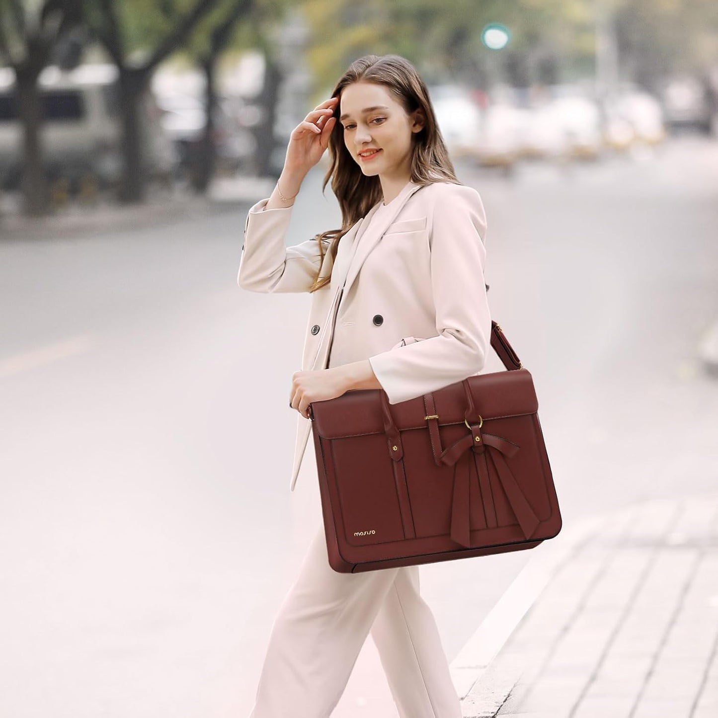 MOSISO Laptop Bag for Women, PU Leather Laptop Shoulder Bag Convertible Backpack, Work Travel Computer Bag with Bowknot - PuriLite
