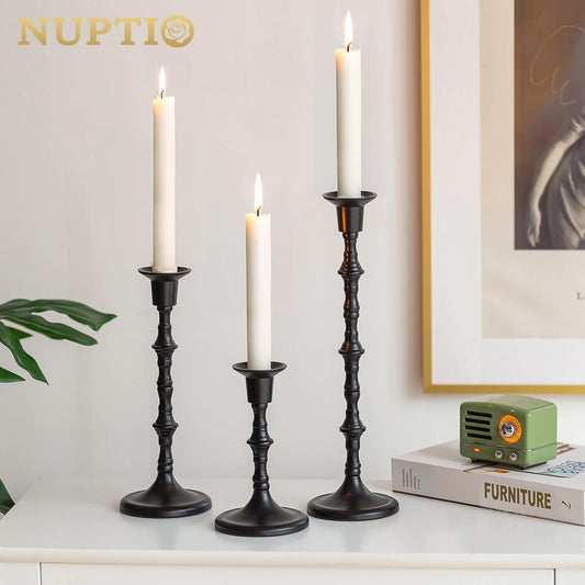 Nuptio Black Candle Holder Set of 3 Gothic Candlestick Holders for Taper Candles Metal Candle Sticks Candleholders Table Centerpieces for Dining Room Wedding Home Halloween Farmhouse Fireplace - PuriLite