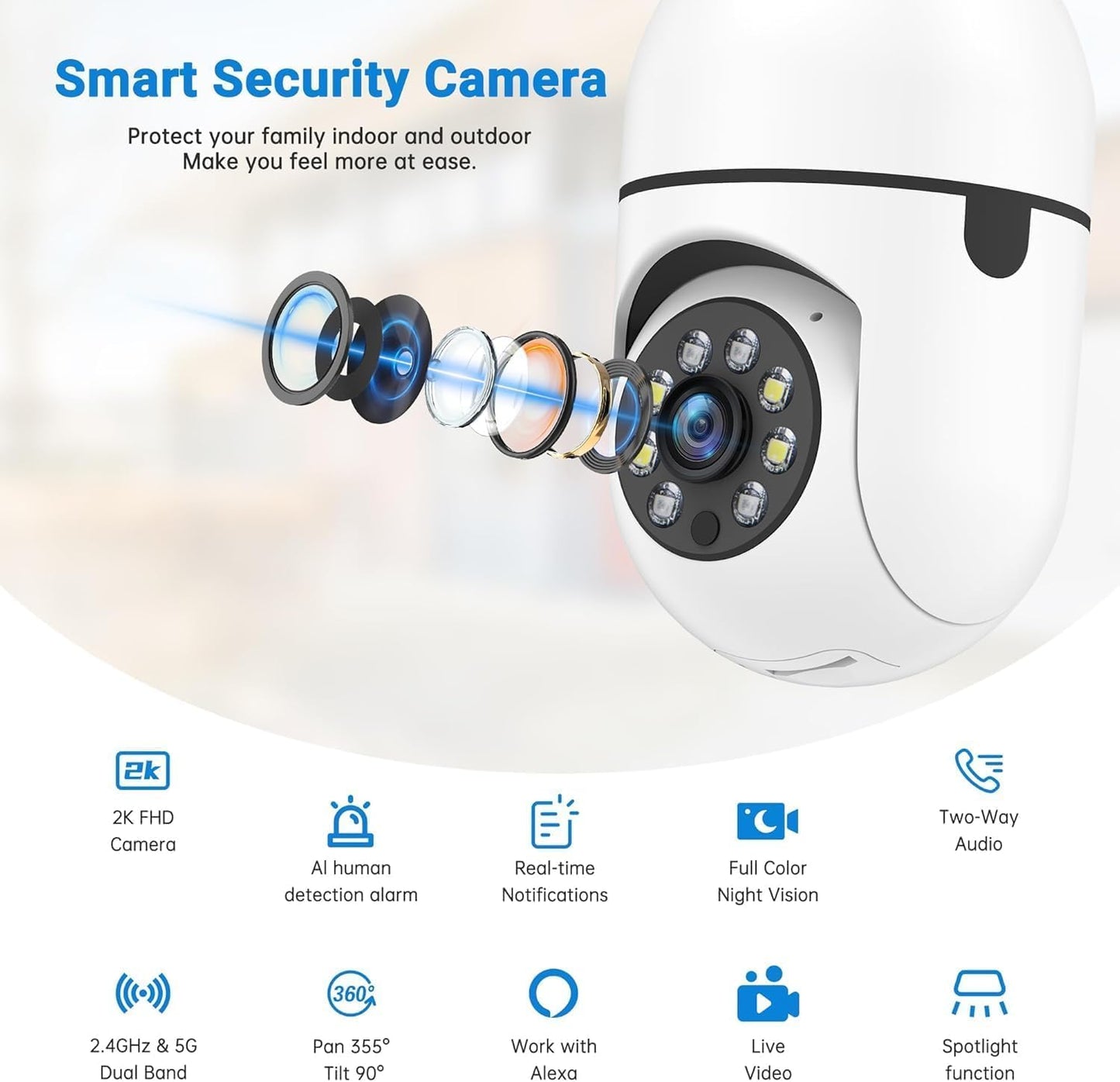 Light Bulb Security Camera Wireless Outdoor, 5G & 2.4GHz 2K 360 Degree Outdoor Camera Wireless Motion Detection and Alarm,Two-Way Talk,Color Night Vision, Bulb Camera Surveillance Exterieur, 2Pack