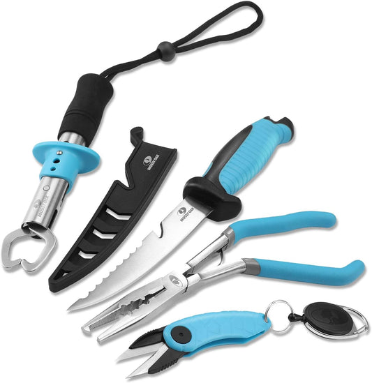 MOSSY OAK 4pc Fishing Tool Kit - Pistol Grip Fishing Pliers, Fish Fillet Knife, Fishing Gripper, Line Snip, Fly Fishing Retractor with Retractable Lanyard