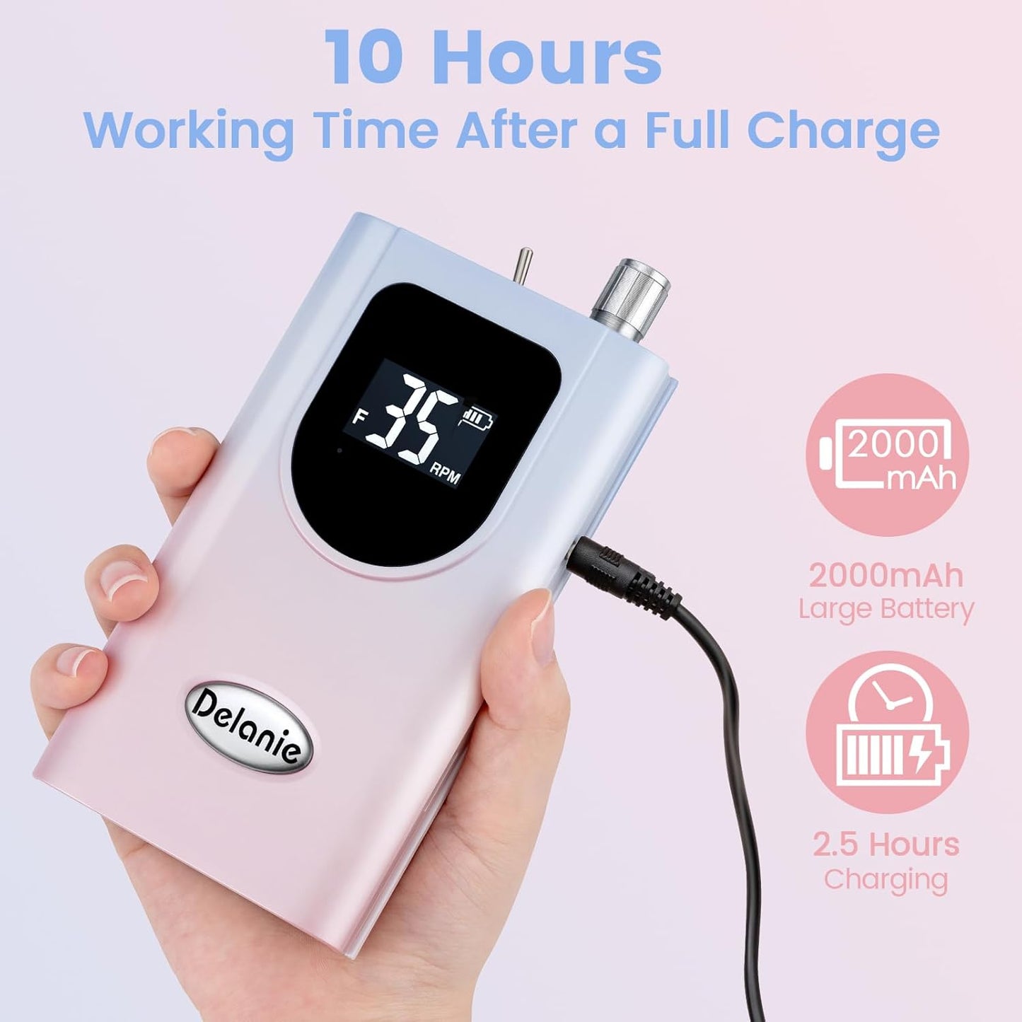 Delanie Professional Nail Drill High Torque 35000 RPM Rechargeable Portable Electric Nail File for Acrylic & Gel, High Speed, Low Heat, Low Vibration, Rose Gold