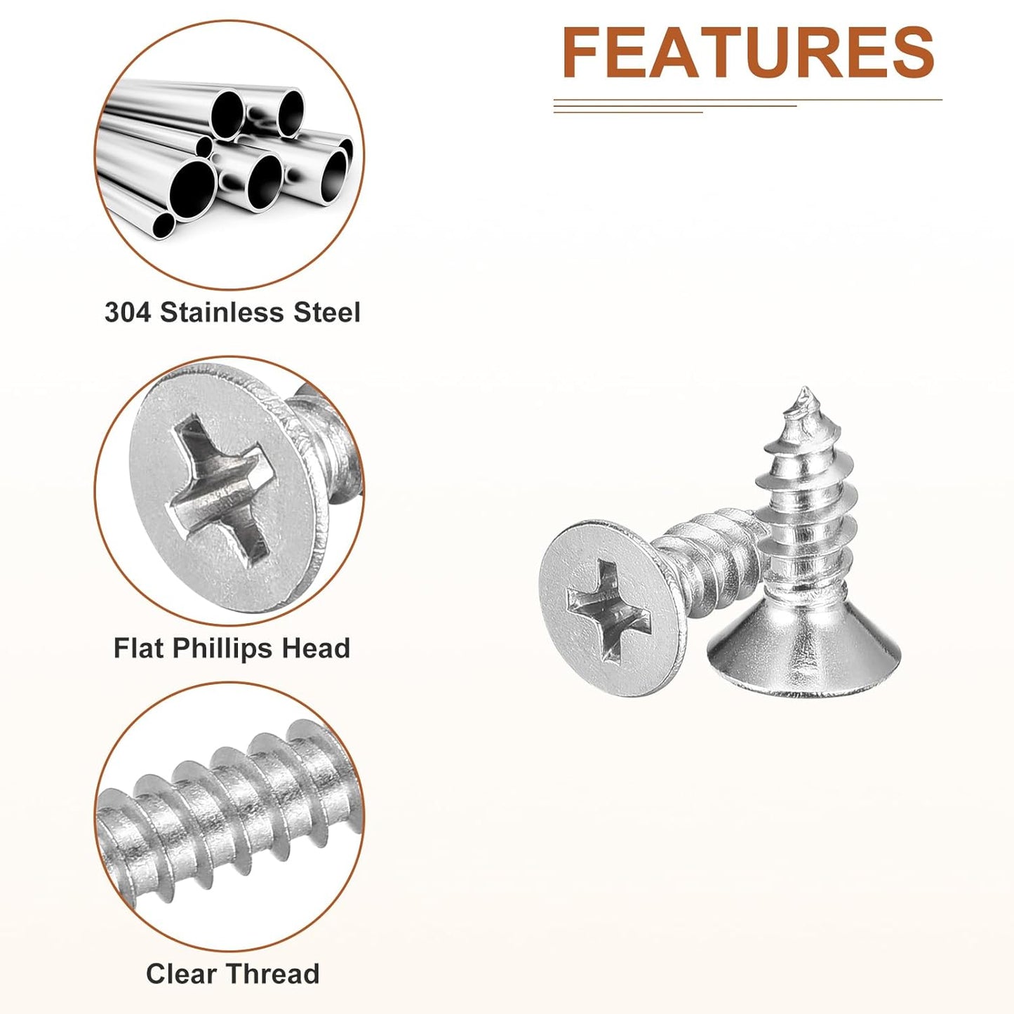 DTGN 100Pcs #8x1 Flat Head Wood Screws, 304 Stainless Steel Phillips Self Tapping Screws - Good for Woodworking, Furniture - Silver