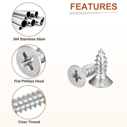 DTGN 100Pcs #8x1 Flat Head Wood Screws, 304 Stainless Steel Phillips Self Tapping Screws - Good for Woodworking, Furniture - Silver