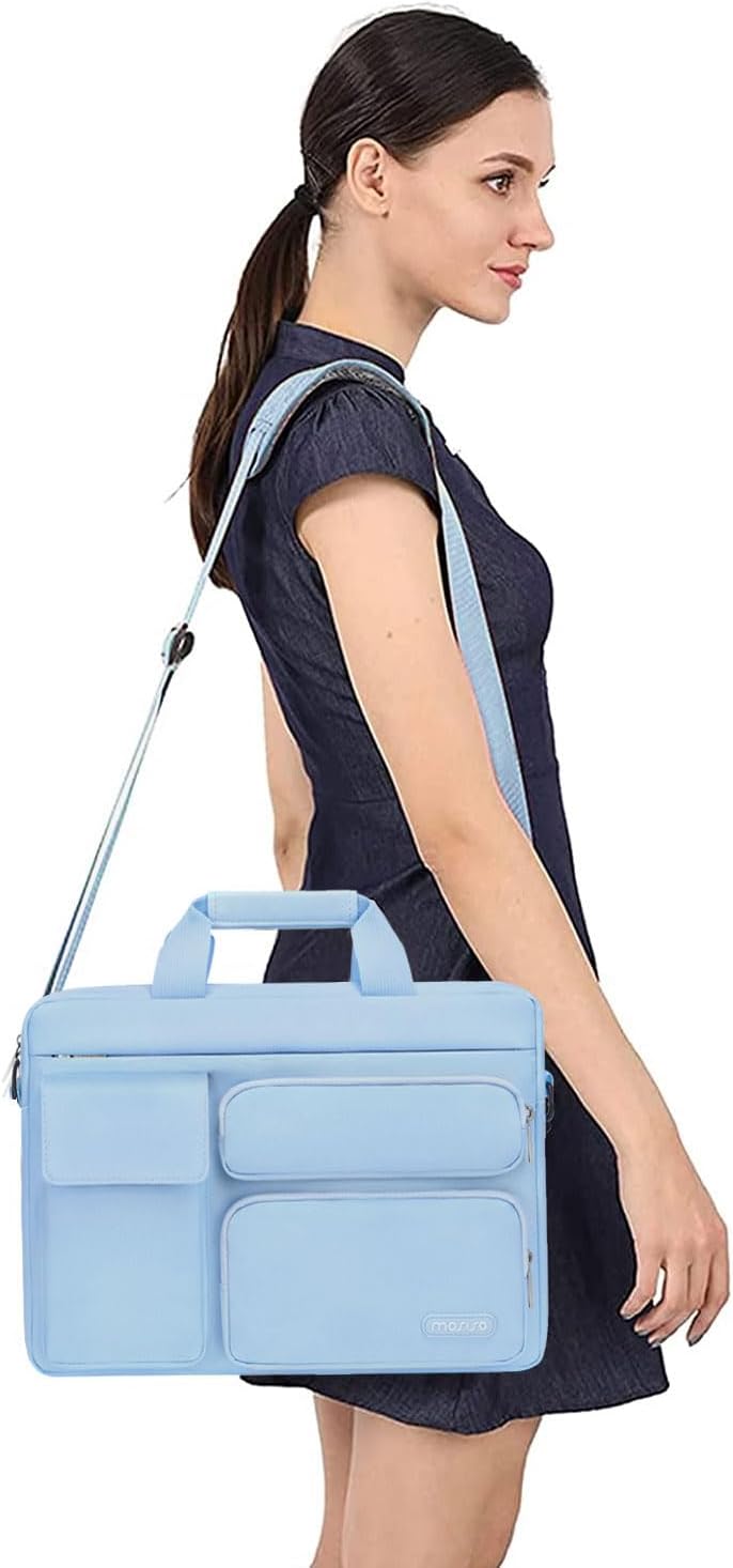 MOSISO Laptop Bag 16 inch, 15-15.6 inch Computer Shoulder Bag Compatible with MacBook Air 15 M4 M3 M2/Pro 16 M4 M3 M2 M1, Notebook &2 Raised&1 Flapover&1 Horizontal Pocket&Handle&Belt, Pink - PuriLite
