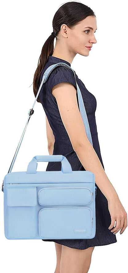 MOSISO Laptop Bag 16 inch, 15-15.6 inch Computer Shoulder Bag Compatible with MacBook Air 15 M4 M3 M2/Pro 16 M4 M3 M2 M1, Notebook &2 Raised&1 Flapover&1 Horizontal Pocket&Handle&Belt, Pink - PuriLite