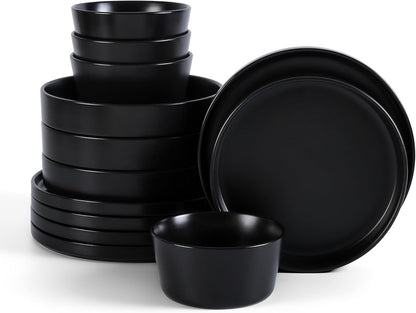 Stone Lain Celina Stoneware 12-Piece Dinnerware Set, Cereal and Pasta Bowls, Black