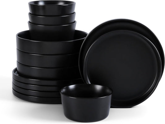 Stone Lain Celina Stoneware 12-Piece Dinnerware Set, Cereal and Pasta Bowls, Black