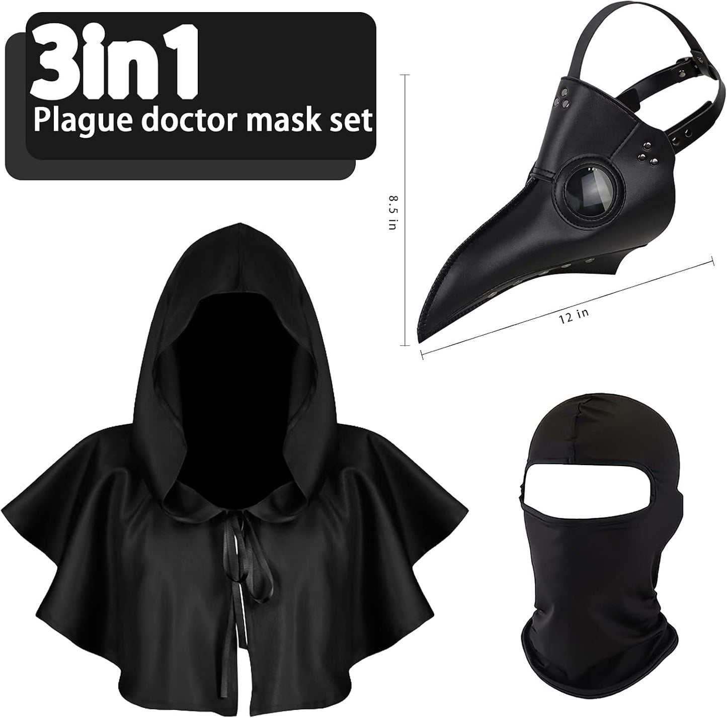 Halloween Plague Doctor Mask Plague Doctor Costume Obito Mask Steampunk Halloween Mask Horror Scary Halloween Mask Costume Props for Party Prom Halloween Gifts Set（3-pc Set） (Black)