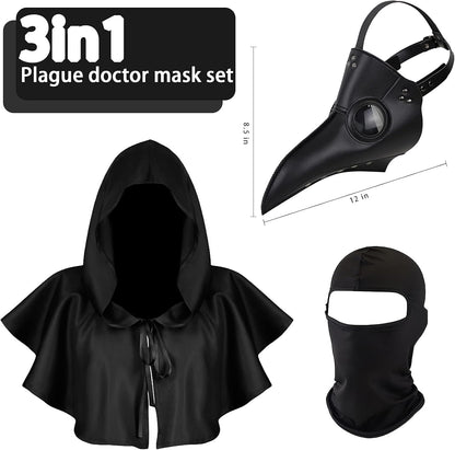 Halloween Plague Doctor Mask Plague Doctor Costume Obito Mask Steampunk Halloween Mask Horror Scary Halloween Mask Costume Props for Party Prom Halloween Gifts Set（3-pc Set） (Black)