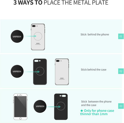 UGREEN Metal Plate for Magnetic Car Mount Cell Phone Magnet Holder with Strong Adhesive Sticker, 2 Round and 2 Rectangle Black