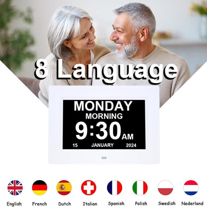 [2025 Newest] Digital Day Calendar Clocks 3 Medicine Reminders Extra Large 8 Inch Non-Abbreviated Day Date Month Dementia Senior Clock for Eldarly Memory Loss Vision Impaired Clock