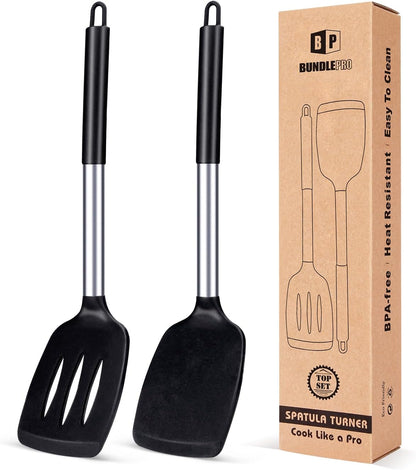 Pack of 2 Silicone Slotted Spatula,Non Stick Solid Kitchen Turner, High Heat Resistant BPA Free Cooking Utensils for Fish, Eggs, Pancakes（Black
