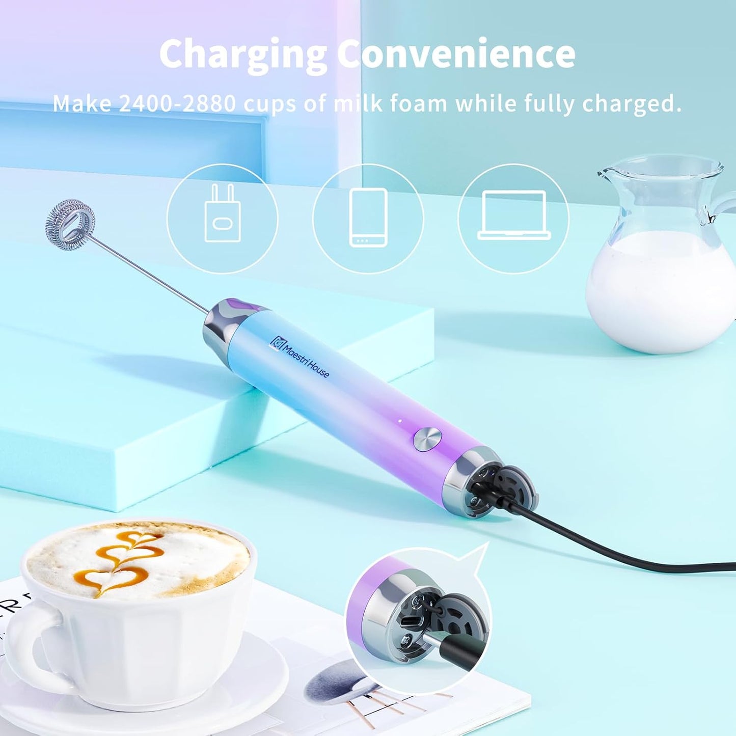 Maestri House Rechargeable Milk Frother, Handheld Electric Foam Maker Waterproof Detachable Stainless Steel Whisk Drink Mixer Foamer with Stand,LunaFro