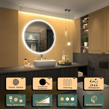 KWW Round Mirror Bathroom LED Lighted Mirror, Illuminated Dimmable Anti-Fog Wall-Mounted Makeup Vanity Mirror with Lights (24L x 24W inches)