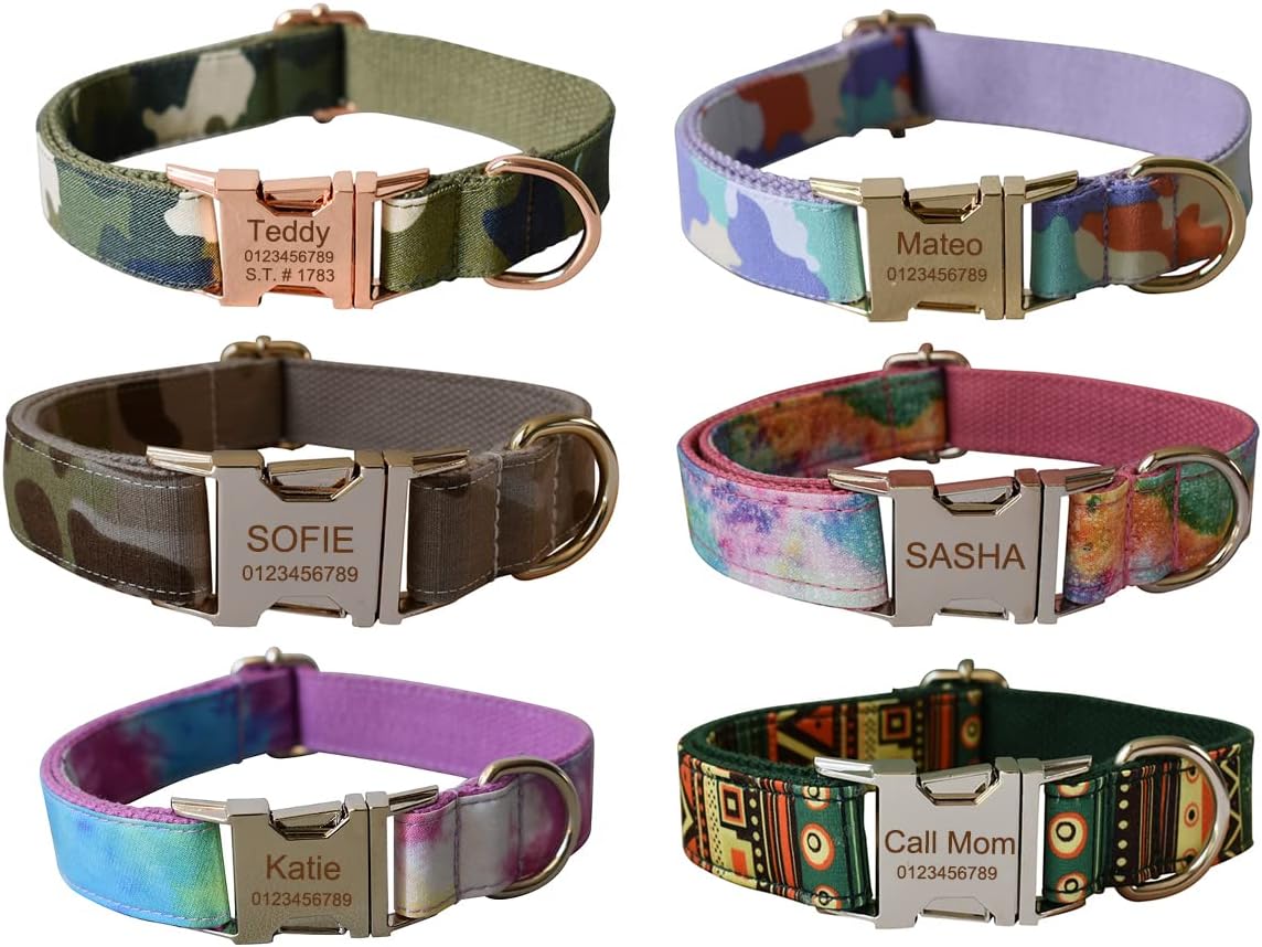 Custom Dog Collar with Metal Buckle - Pet Collars Personalized with Name and Phone Number (Plaid)
