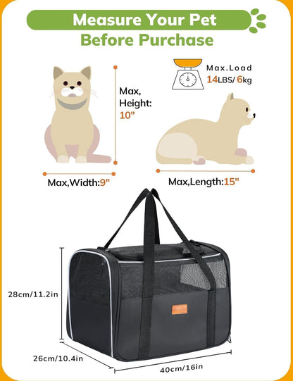 Morpilot Cat Carrier Soft - Portable Pet Carrier for Small or Medium Cats, Dogs and Puppy up to 14lbs, Airline Approved Dog Carrier with Safety Buckle - (Dark Gray)