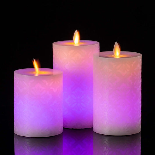 UNIVELA Flameless Candles, Size: D:3.2'' x H:4.7''/5.7''/6.3'', LED Night Lights Battery Candles Set of 3, Real Wax Candles with Remote, 4H/8H Timer, Flickering, 12 Color Changing for Home Decor