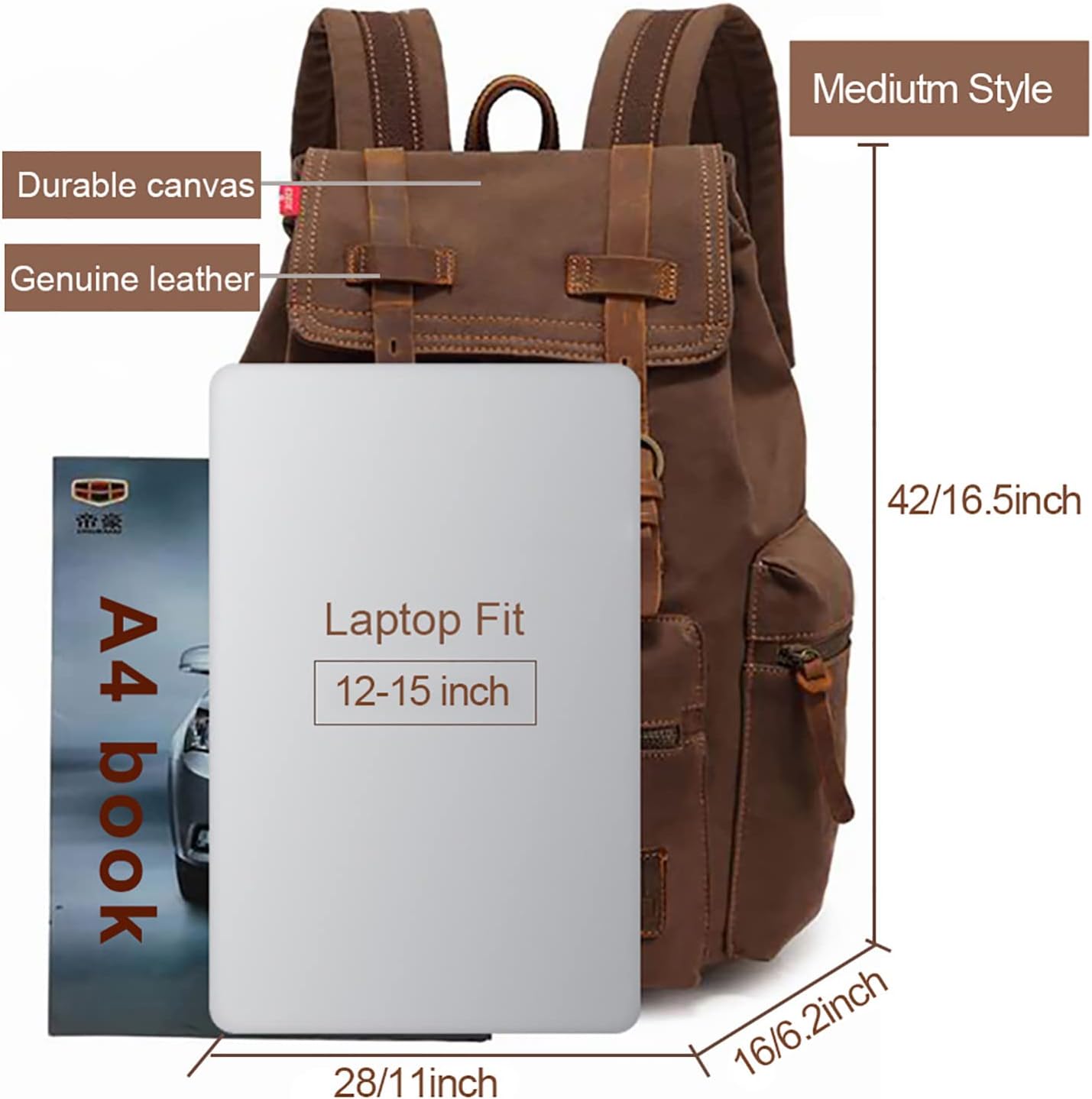 AUGUR Canvas Backpack,17 inch Laptop Backpack Vintage Canvas Leather Backpacks Casual School College Bag Pack Bookbag Hiking Travel Rucksack Daypack (L-Coffee)
