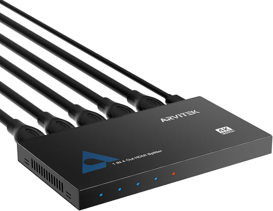 HDMI Splitter 1 in 4 Out,Arvitek 1x4 HDMI Splitter,4K@30Hz,Duplicates 1 Source to 4 Displays Simultaneously,for Laptop/Xbox/PS4/TV/Monitor,Metal Housing,Plug & Play (Mirror Only) - PuriLite