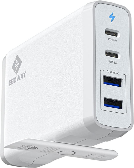 4-Port USB Charger, EGOWAY 90W Wall Charger, 60W & 18W Dual USB C Wall Charger and Dual USB A Ports 12W, Multi USB C Charger for MacBook, Phone and More - PuriLite