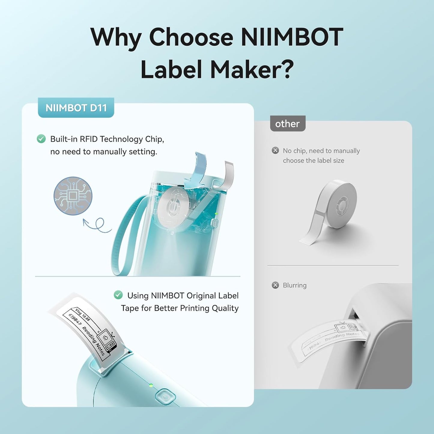 NIIMBOT D110 Mini Label Maker Machine with Tape(Pre-Cut Size 12x40mm), Portable Bluetooth Sticker Printer, Inkless Automatic Feeding One-Touch Custom Printing, Compatible with Phone Only
