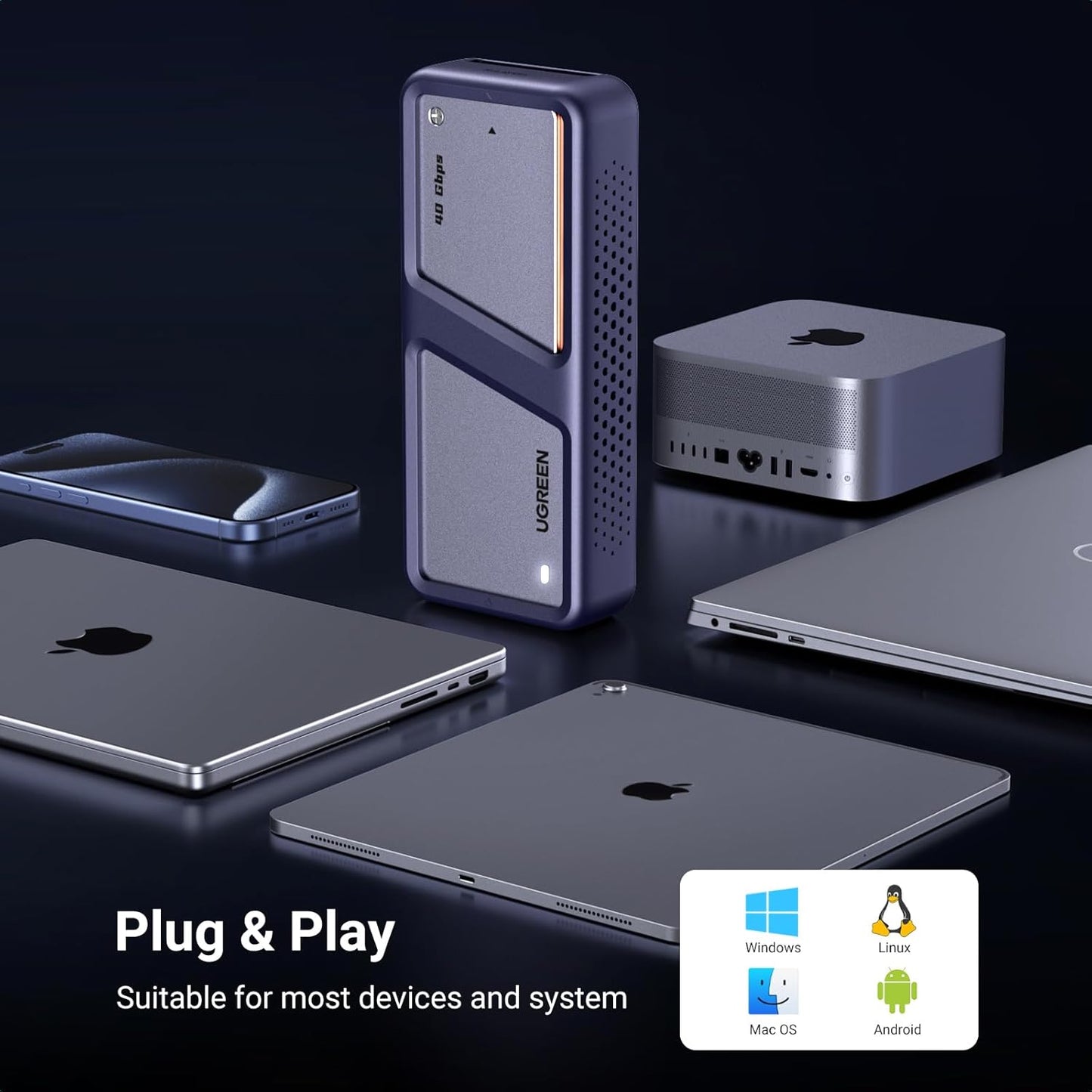 UGREEN 40Gbps M.2 NVMe Enclosure, USB4 NVMe SSD Enclosure with Cooling Fan, Aluminum M.2 to USB Adapter for M B+M Key SSD Size 2280 2260 2242 2230, Compatible with Thunderbolt 4 3 USB4 3.2 3.1