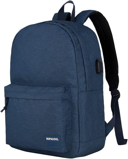 SUPACOOL Casual Laptop Backpack with USB Charging Port for Men and Women, School Bookbag for College, Lightweight Pack Back(Dark Black)