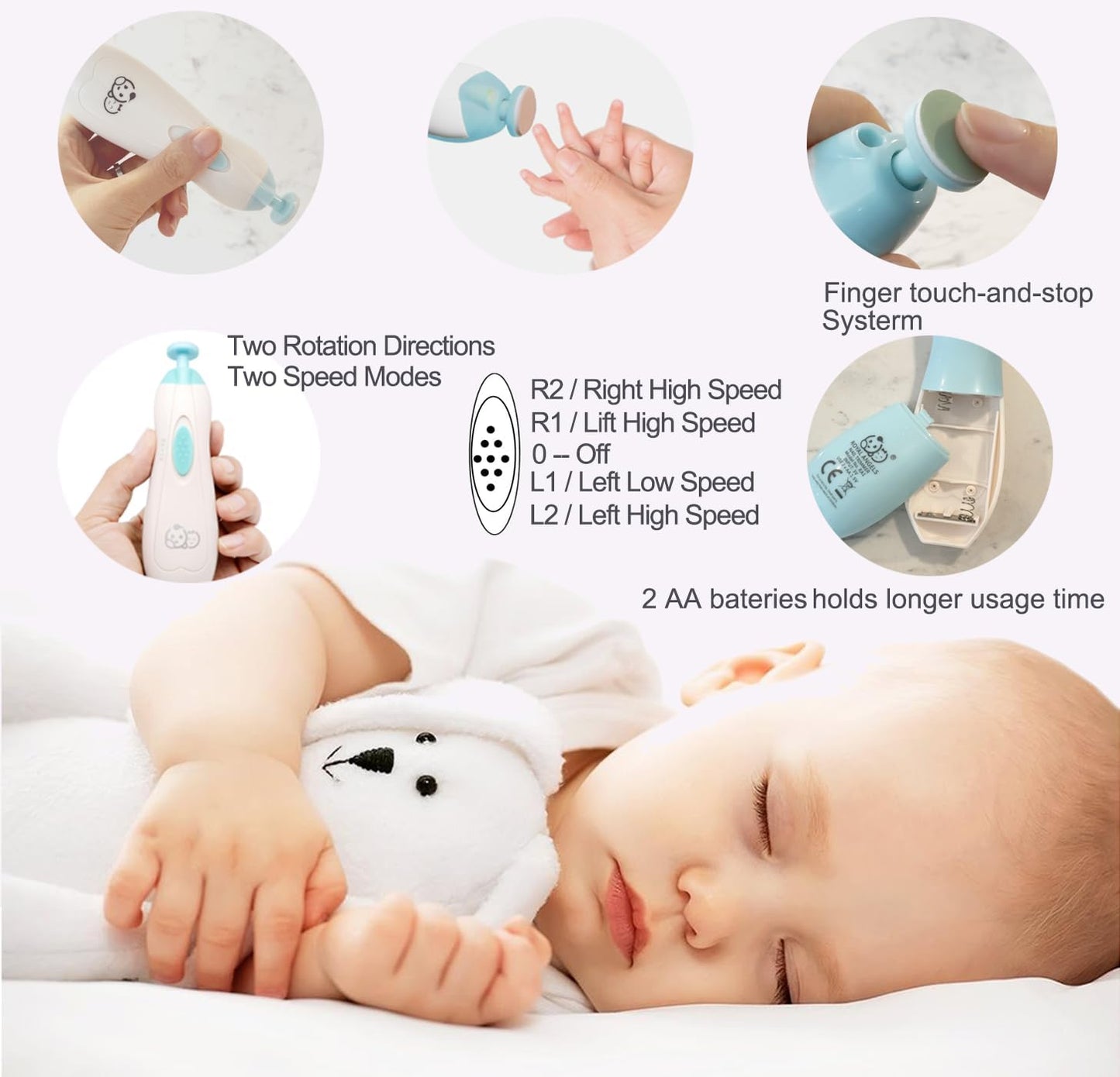 Royal Angels Rechargeable Baby Nail Clippers 20 in 1, Safe Electric Nail Trimmer, Baby Nail Kit, Additional Replacements, Newborn Toddler Toes and Fingernails, Trim and Polish (Rechargeable, Snow)