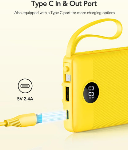 VRURC 10000mAh Power Bank Built-in Cables, Portable Charger with LED Display, Slim Intelligent Travel Battery Pack with Cords, 5 Output Dual Input Phone Charger for Cell Phone Smart Devcies-Blue