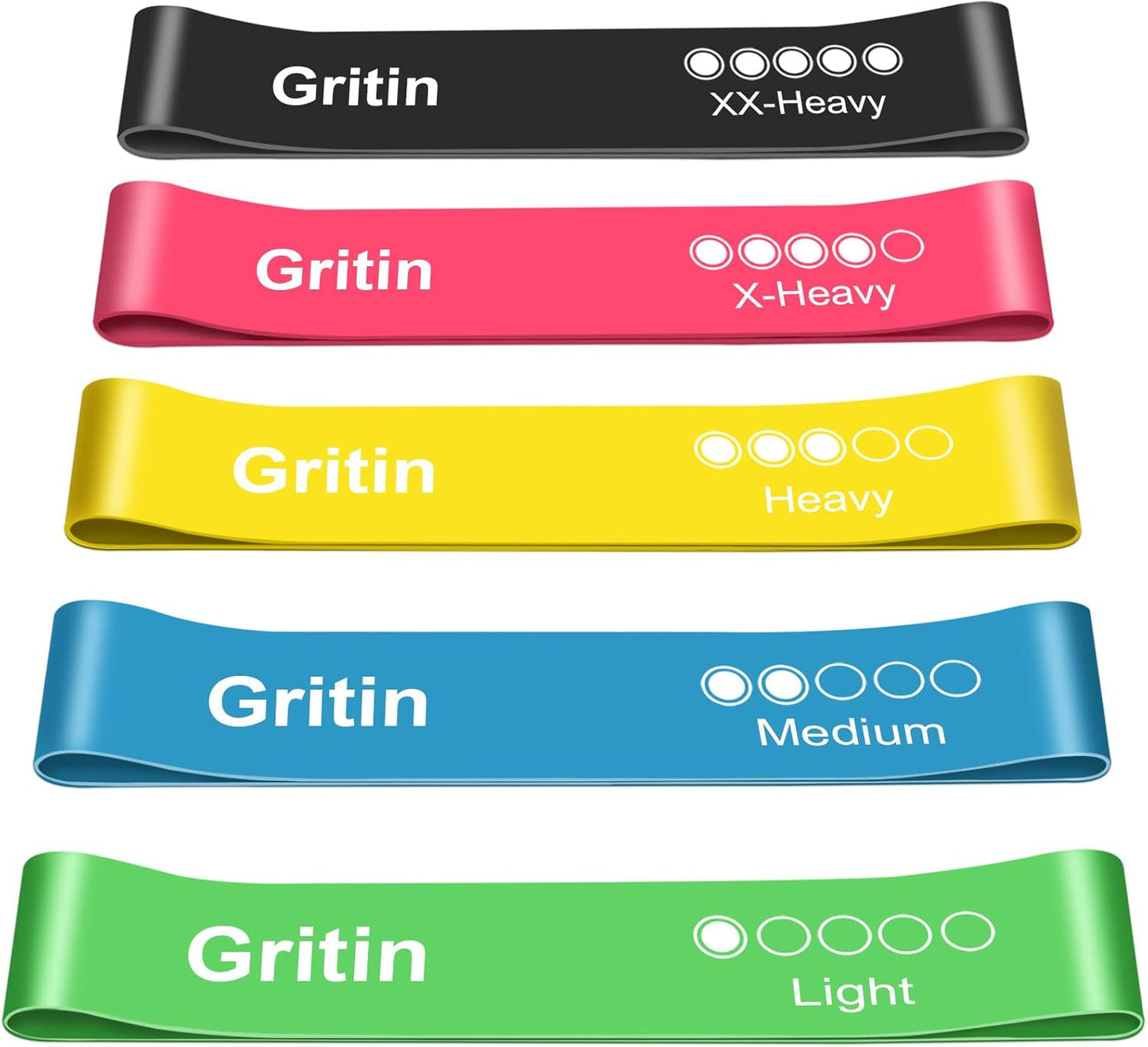 Gritin Resistance Bands, Set of 5 Skin-Friendly Resistance Fitness Exercise Loop Bands with 5 Different Strength Levels - Travel Carrying Case Included - Ideal for Home, Gym, Yoga, Training
