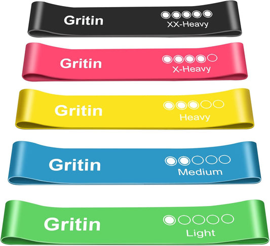 Gritin Resistance Bands, Set of 5 Skin-Friendly Resistance Fitness Exercise Loop Bands with 5 Different Strength Levels - Travel Carrying Case Included - Ideal for Home, Gym, Yoga, Training