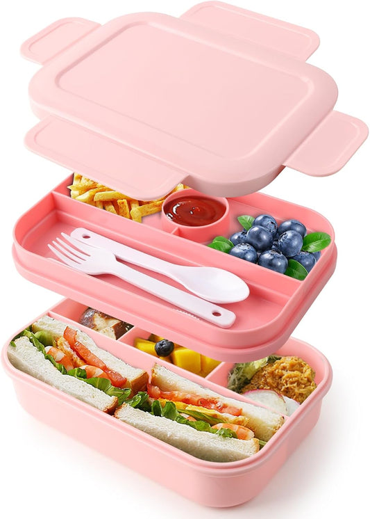 Bento Box Adult Lunch Box -2000 ML Stackable Bento Lunch Box Container with 8 Compartments,Leak-Proof Lunch Containers,Built-in Sauce Container,Utensils,Microwave/Dishwasher/Freezer - Pink