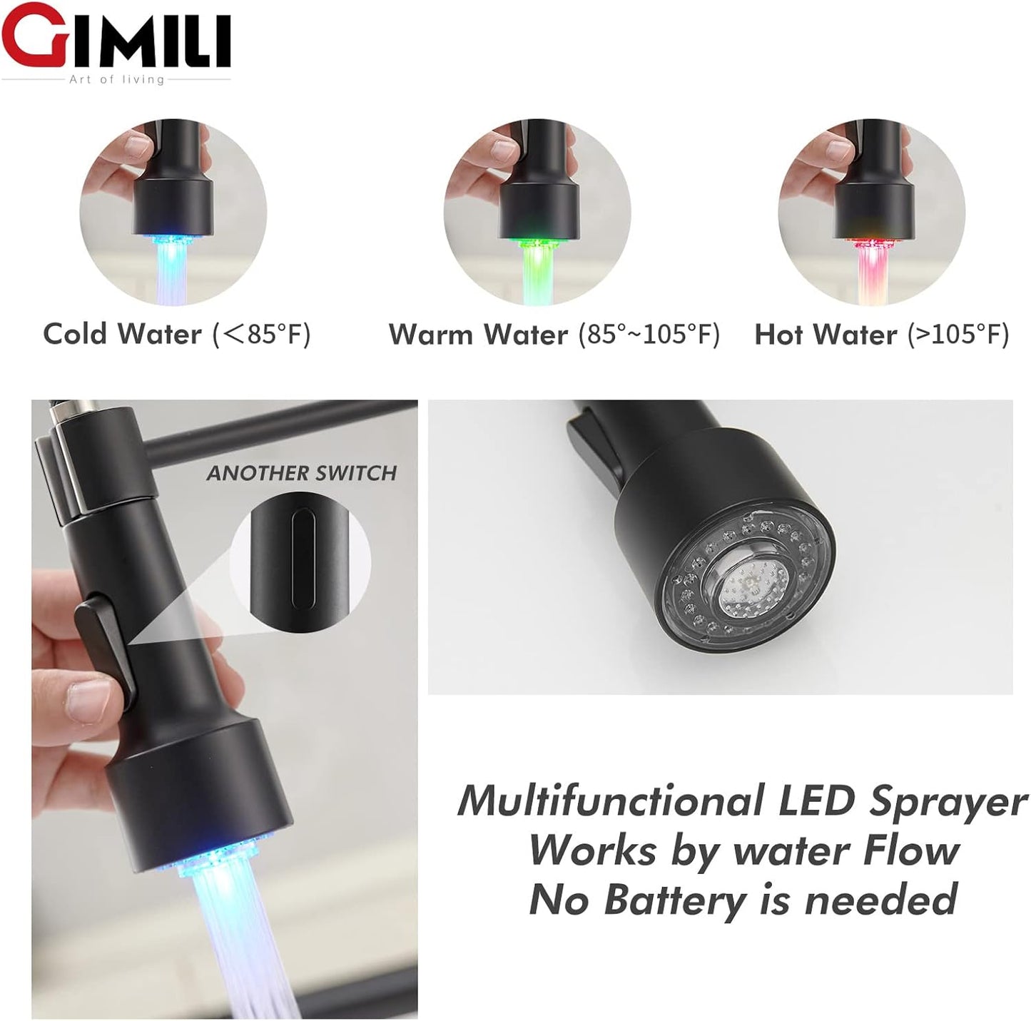 GIMILI Matte Black Kitchen Faucet with LED Light,Single Hole Spring Kitchen Sink Faucet with Pull Down Sprayer