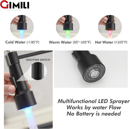 GIMILI Matte Black Kitchen Faucet with LED Light,Single Hole Spring Kitchen Sink Faucet with Pull Down Sprayer