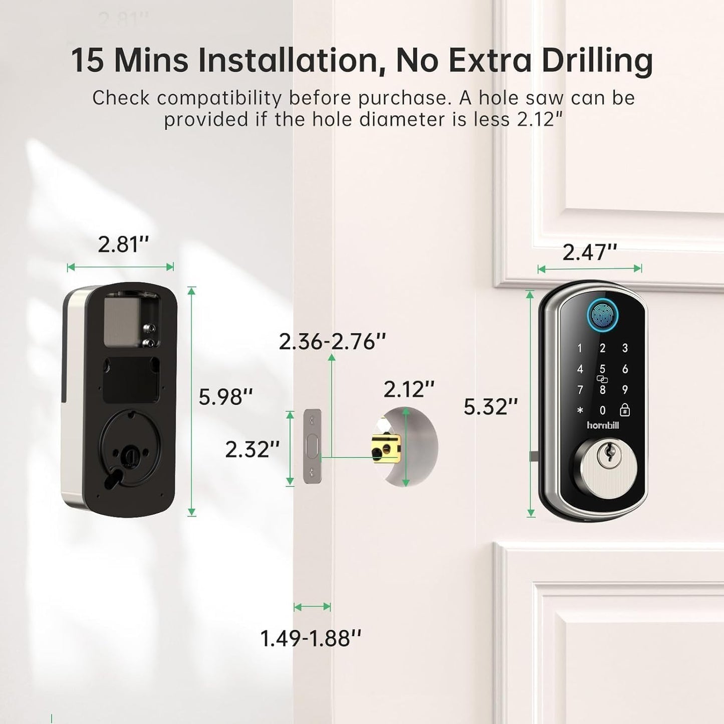 Hornbill Smart WiFi Front Door Lock: Keyless Entry Fingerprint Deadbolt - Alexa Bluetooth Electronic Keypad Door Locks for House Apartment Auto Lock Smart Life APP Remote Control - Black
