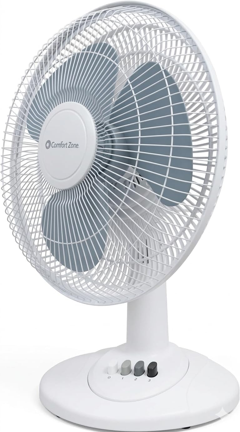 Comfort Zone 12" Oscillating Table Fan (White) – Quiet 3-Speed Fan for Bedroom, Office & Air Circulation