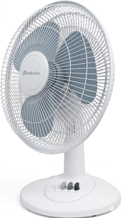 Comfort Zone 12" Oscillating Table Fan (White) – Quiet 3-Speed Fan for Bedroom, Office & Air Circulation