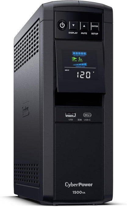 CyberPower CP1500PFCLCD PFC Sinewave UPS System, 1500VA/1000W, 12 Outlets, AVR, Mini Tower, Black