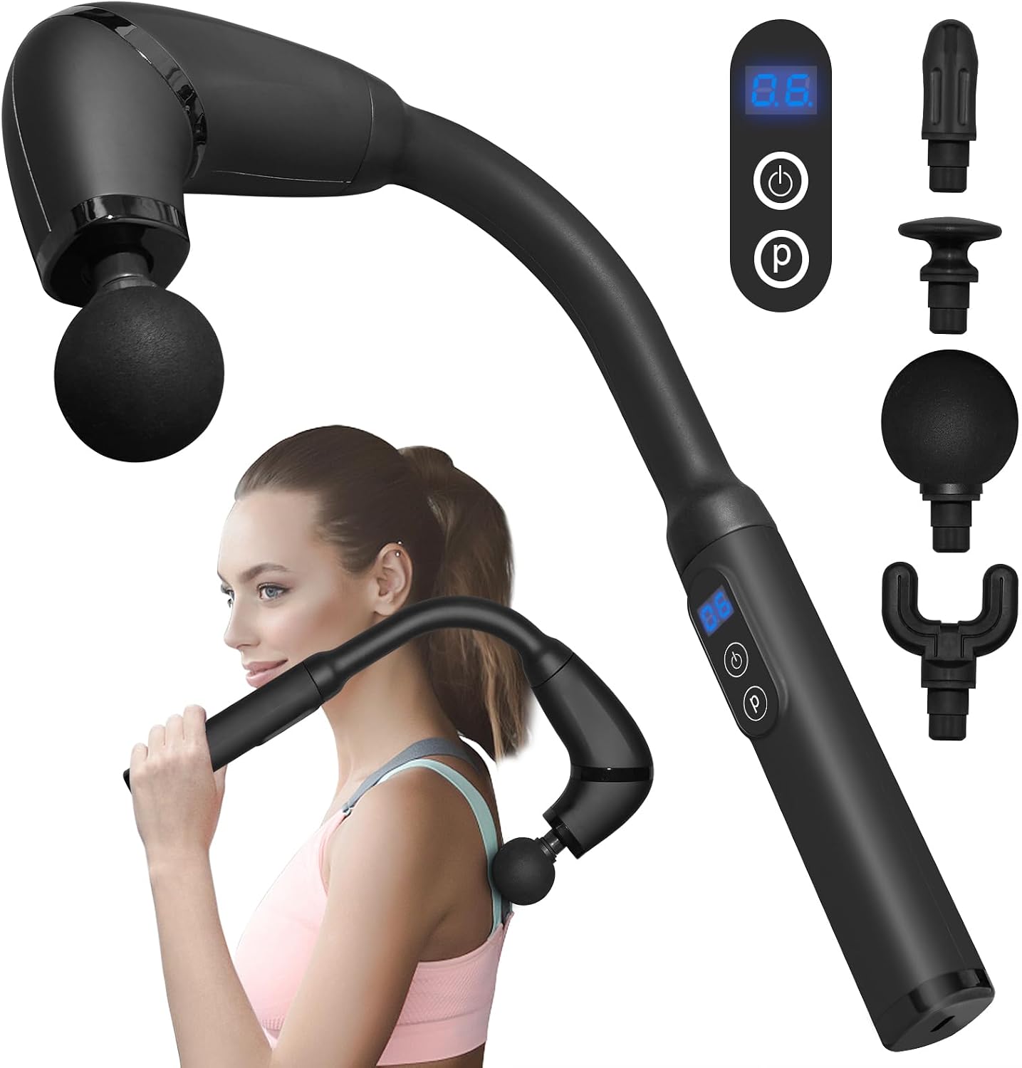 Massage Gun with Upgraded Extension Handle, Portable Muscles/Neck/Shoulders/Waist/Legs Massager with 4 Massage Heads, 3 Modes & 6 Speed Levels