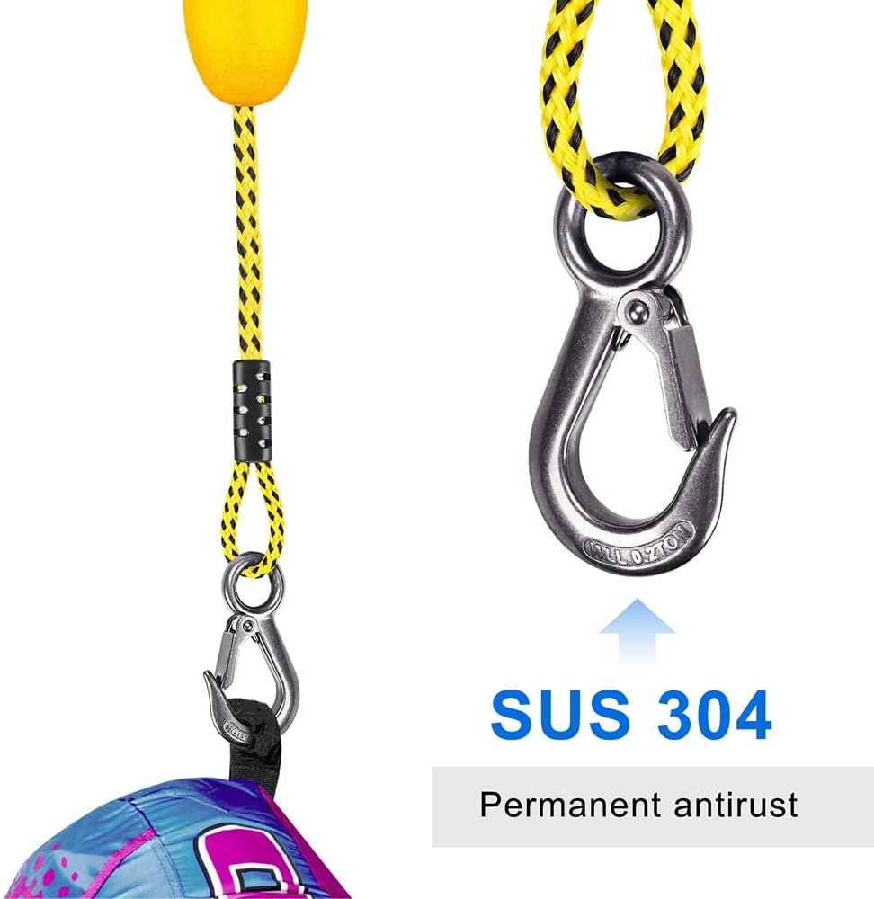 SELEWARE 65ft Tow Rope, Boating Tow Ropes for 1-4 Rider Towable Tubes, W/Floats, Stainless Steel Hook at Each end, idear for Water Sports