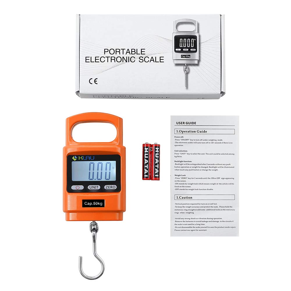 Klau Portable Fish Weighing Scales 100 lb / 1600 oz Heavy Duty Digital Hanging Scale LCD Display with Backlight Orange for Home Farm Hunting Outdoor