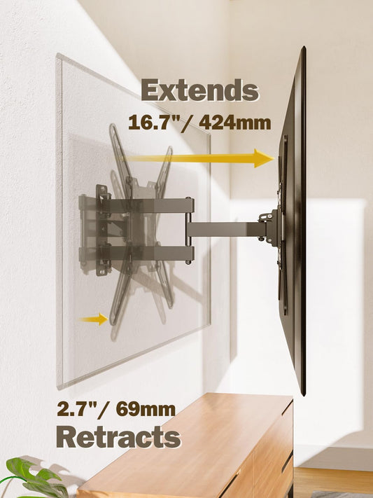 Mounting Dream TV Mount for Most 26-55 Inch TVs, Full Motion TV Wall Mount with Perfect Center Design on Single Stud Articulating Mount Max VESA 400x400mm up to 77 LBS, MD2413-MX - PuriLite