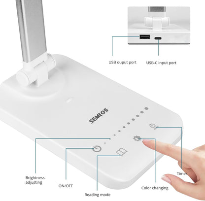 Semlos LED Desk Lamp for Home Office, Eye-Caring Table Light, 25 Lighting Modes, 45 Min Auto Timer, Touch Control, Dimmable, White