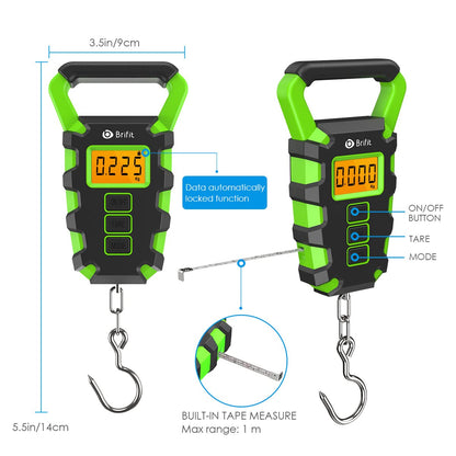 Upgraded Digital Fishing Scale with Ruler, 15g/50kg Electronic Digital Luggage Scale, 110lb Max Fishing Postal Hanging Hook Scale with Measuring Tape, Backlit LCD Display (Batteries Included)