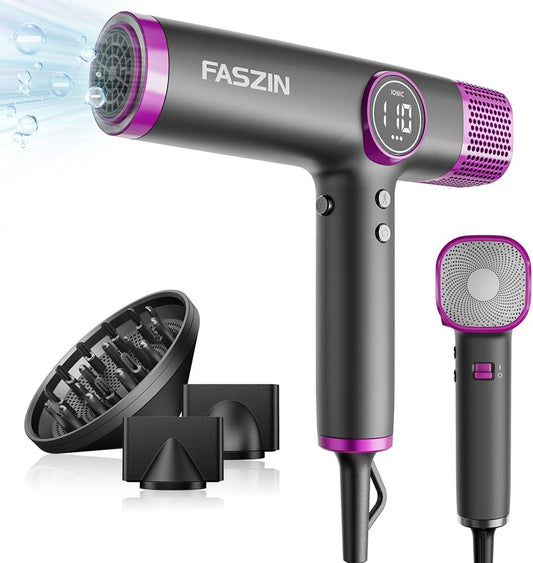 Faszin Hair Dryer, Lightweight Blow Dryer with 110,000 RPM High-Speed for Fast Drying, 200 Million Ionic Hairdryer with Auto-Clean, Low Noise, 3 Magnetic Nozzles for Travel, Salon, Home - Pink
